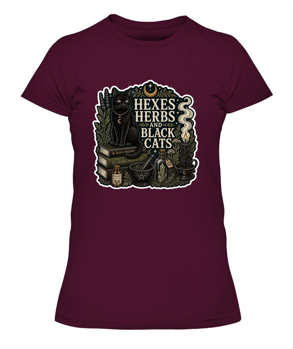 Hexes Herbs and Black Cats Ladies T-Shirt | Black Cat Lover Gift