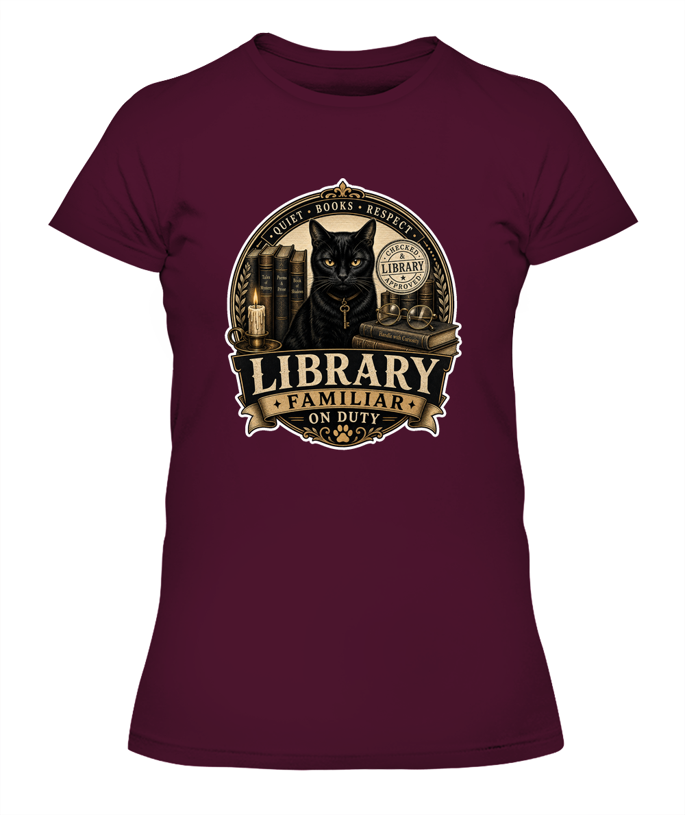 Library Familiar on Duty Ladies T-Shirt | Black Cat Lover Gift