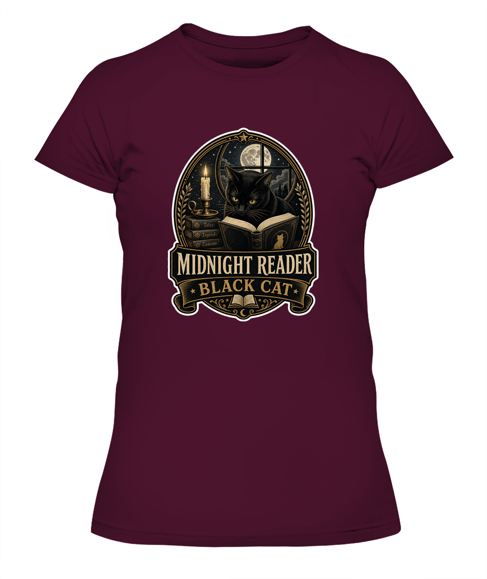 Midnight Reader Black Cat Ladies T-Shirt | Black Cat Lover Gift