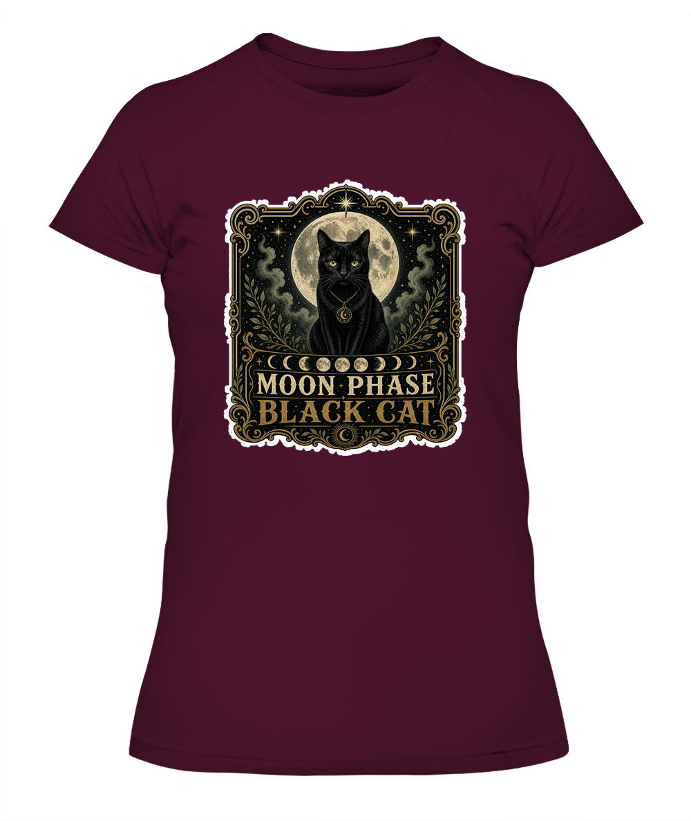 Moon Phase Black Cat Ladies T-Shirt | Black Cat Lover Gift
