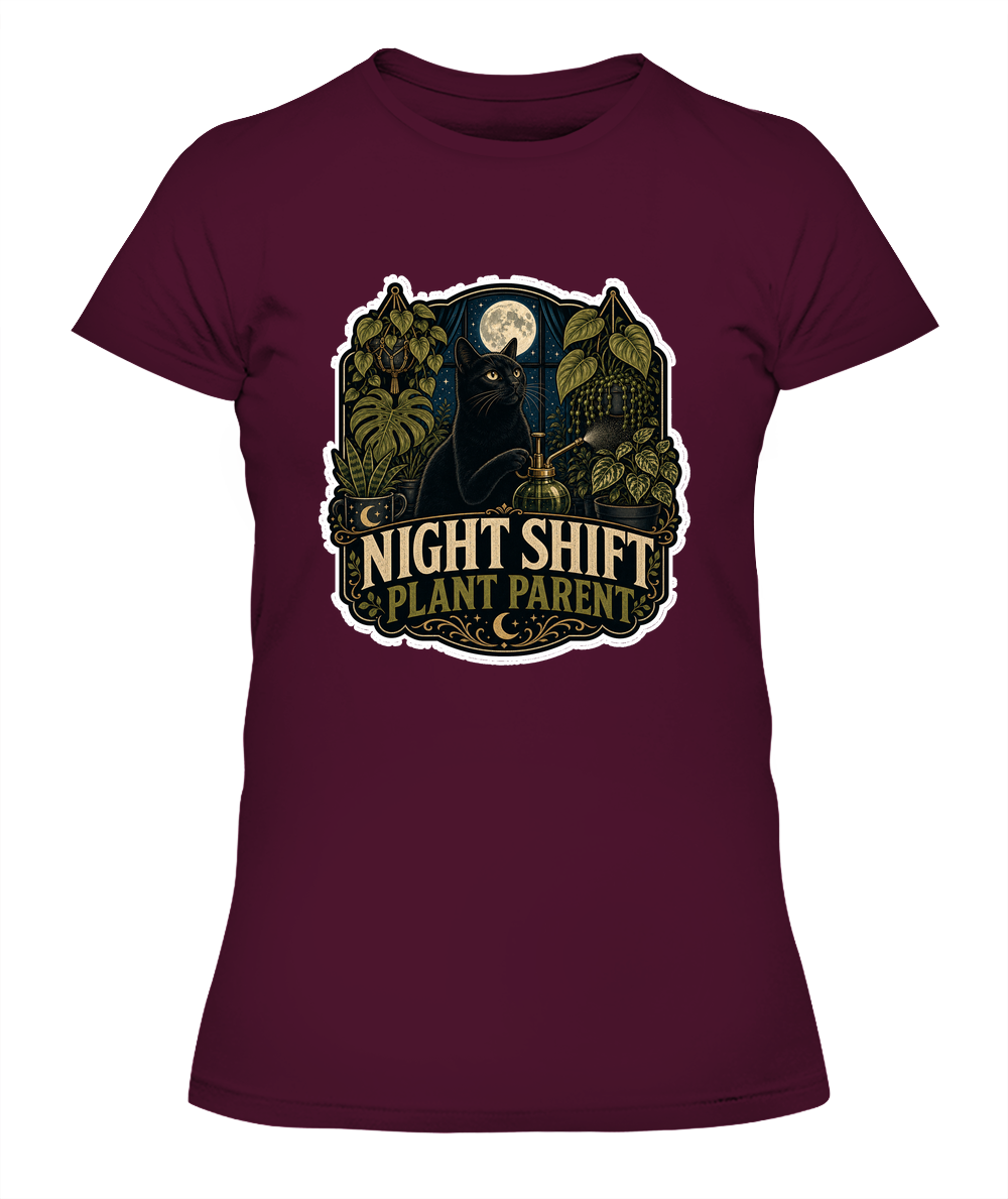 Night Shift Plant Parent Ladies T-Shirt | Black Cat Lover Gift