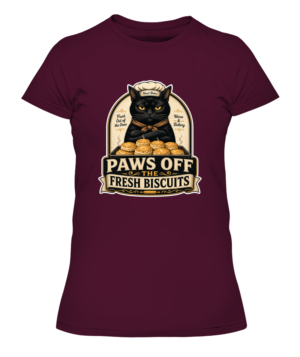 Paws Off the Fresh Biscuits Ladies T-Shirt | Black Cat Lover Gift