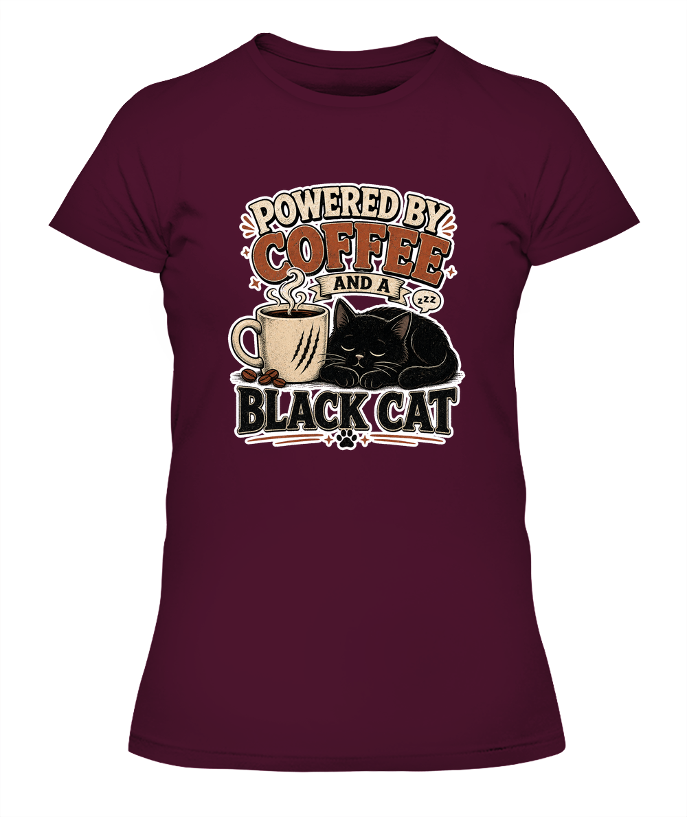 Powered by Coffee and a Black Cat Ladies T-Shirt | Black Cat Lover Gift