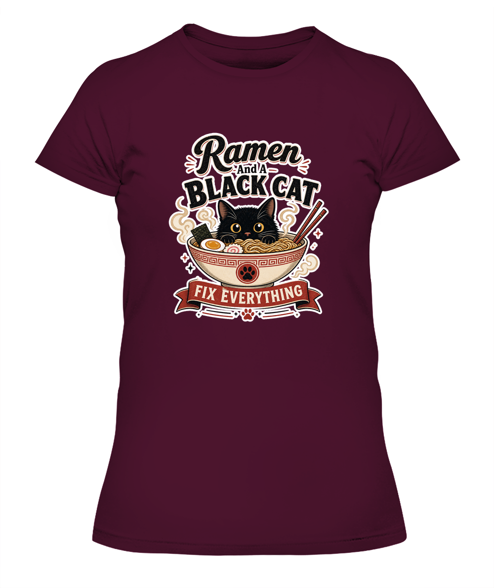Ramen and a Black Cat Fix Everything Ladies T-Shirt | Black Cat Lover Gift