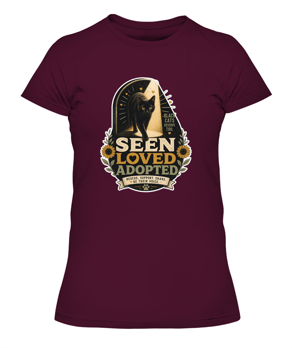 Seen Loved Adopted Ladies T-Shirt | Black Cat Lover Gift