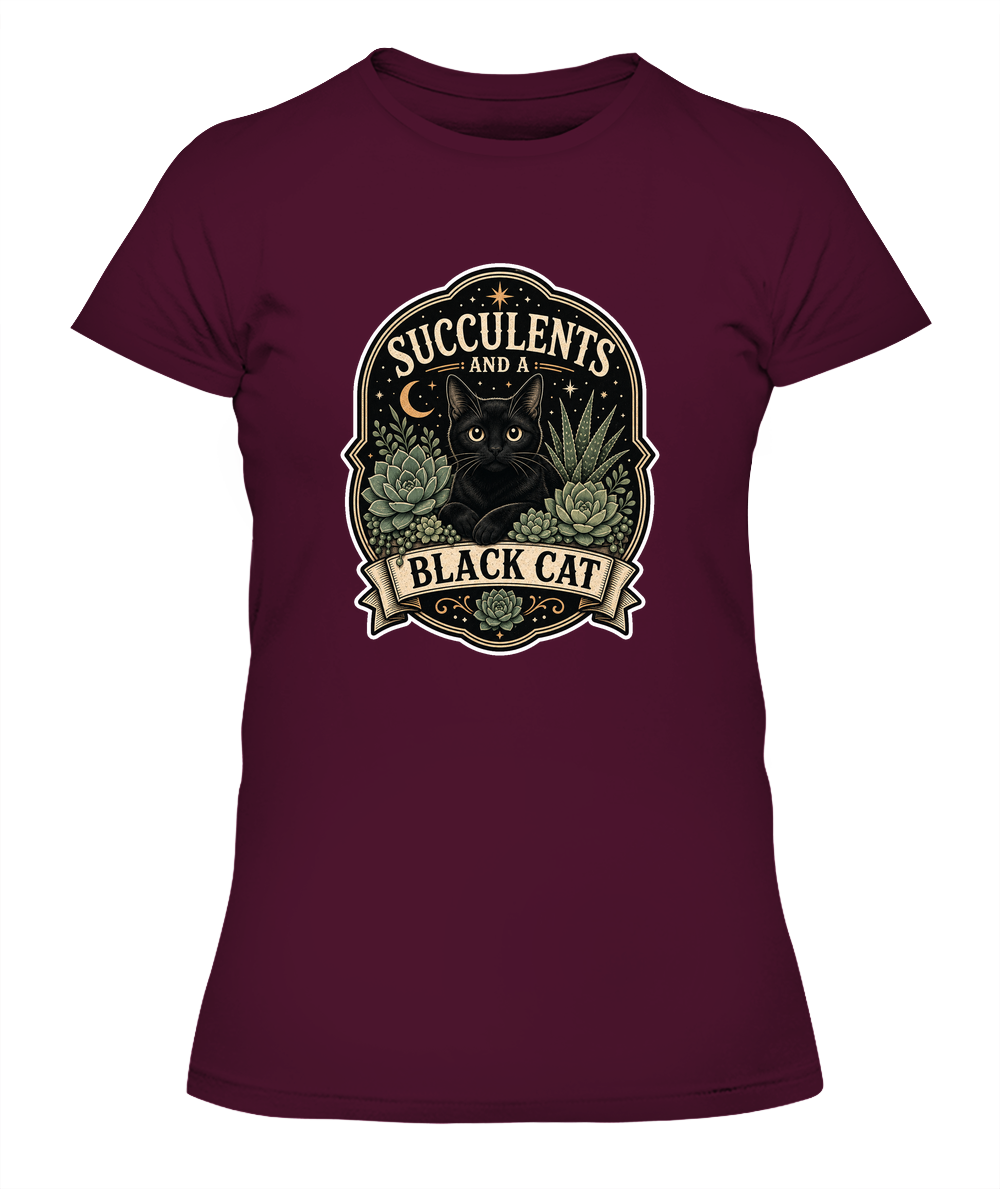 Succulents and a Black Cat Ladies T-Shirt | Black Cat Lover Gift