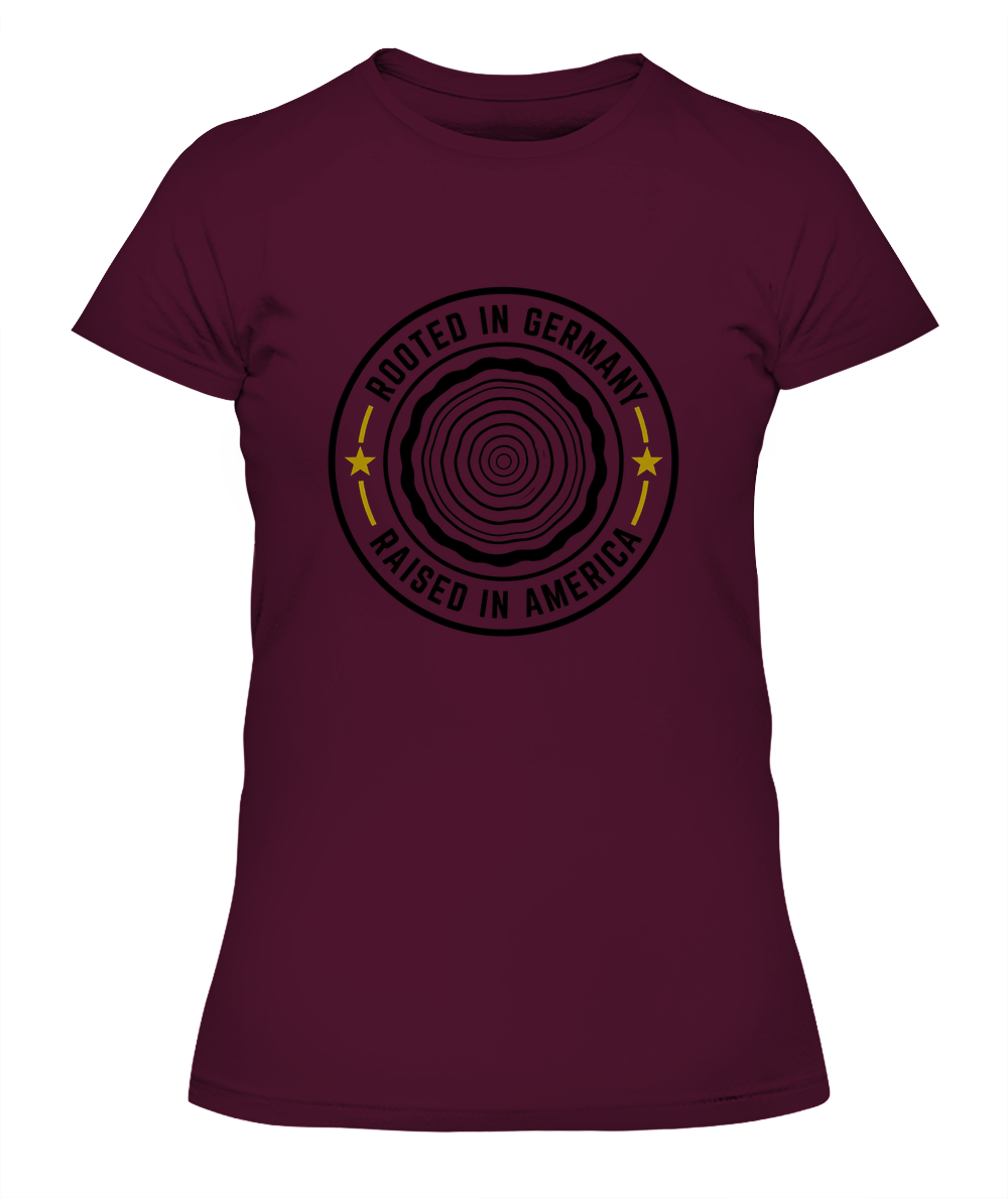 Rooted In Germany, Raised In America — Lady's T-Shirt in Maroon