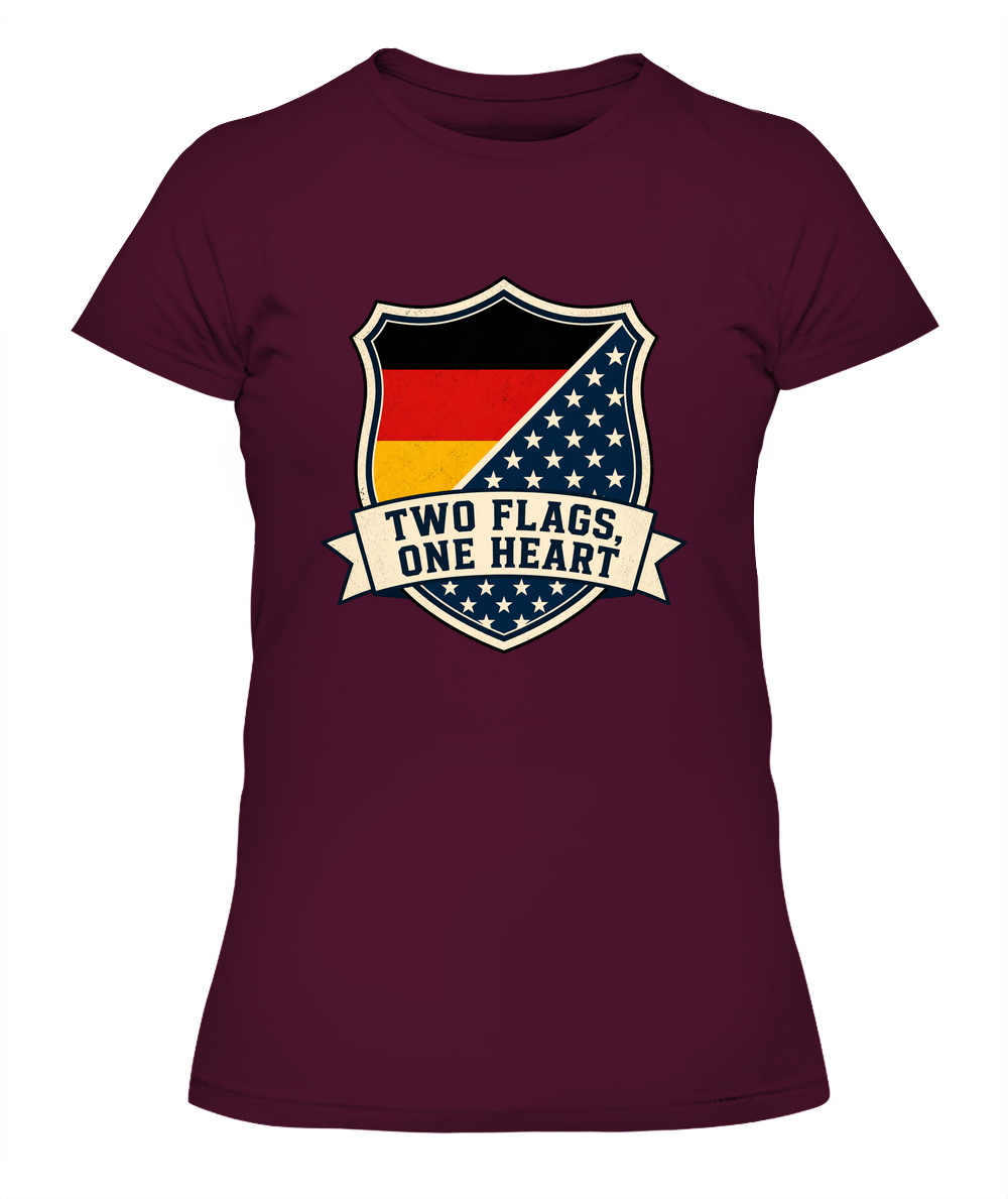 Two Flags, One Heart — Lady's T-Shirt in Maroon