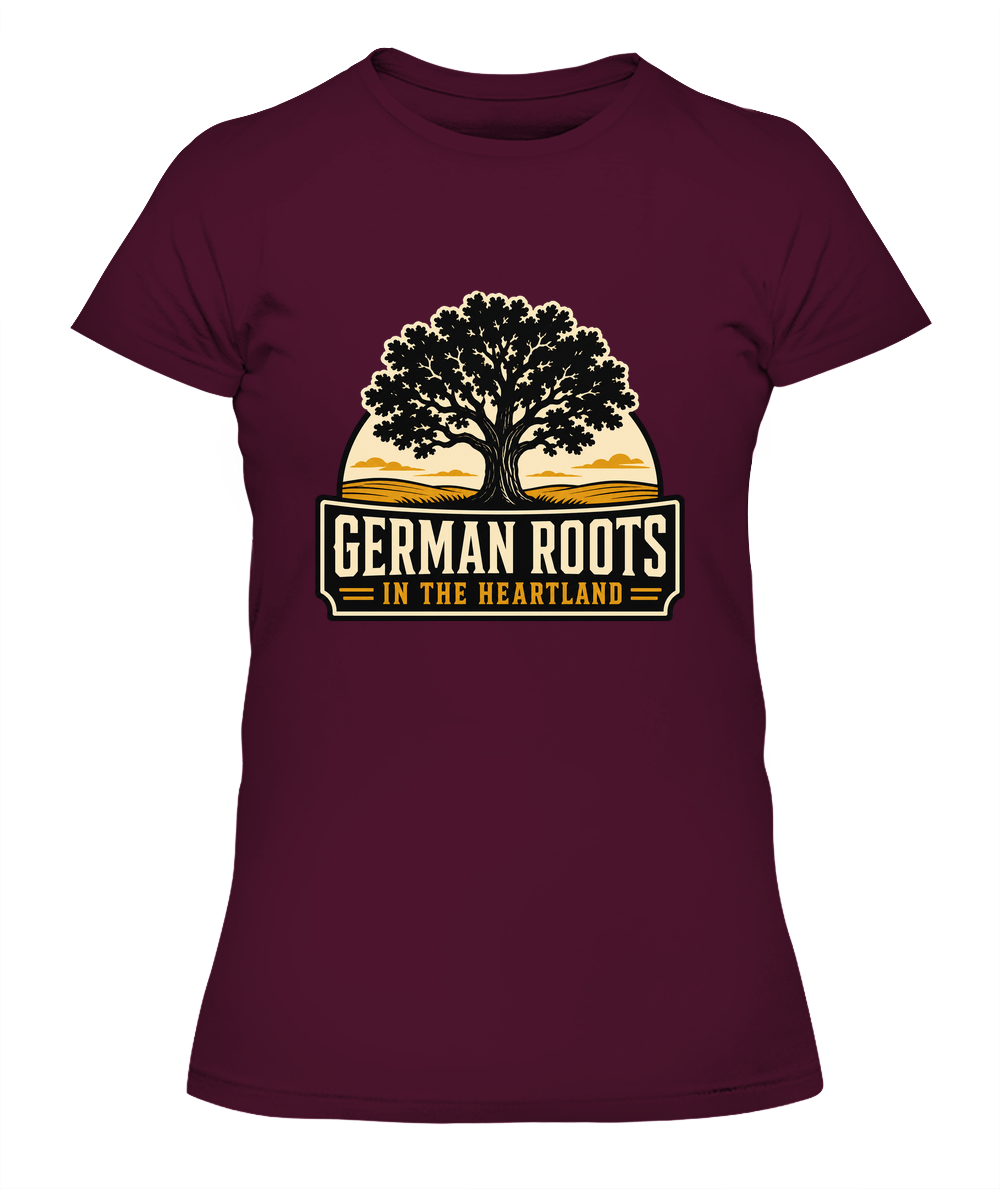 German Roots In The Heartland — Lady's T-Shirt in Maroon