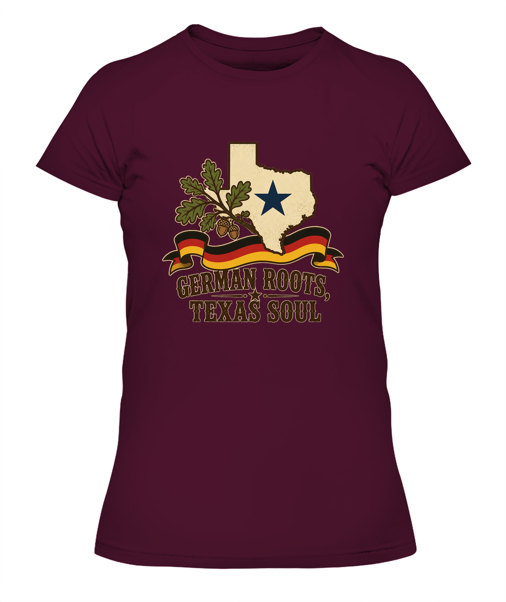 German Roots, Texas Soul — Lady's T-Shirt in Maroon