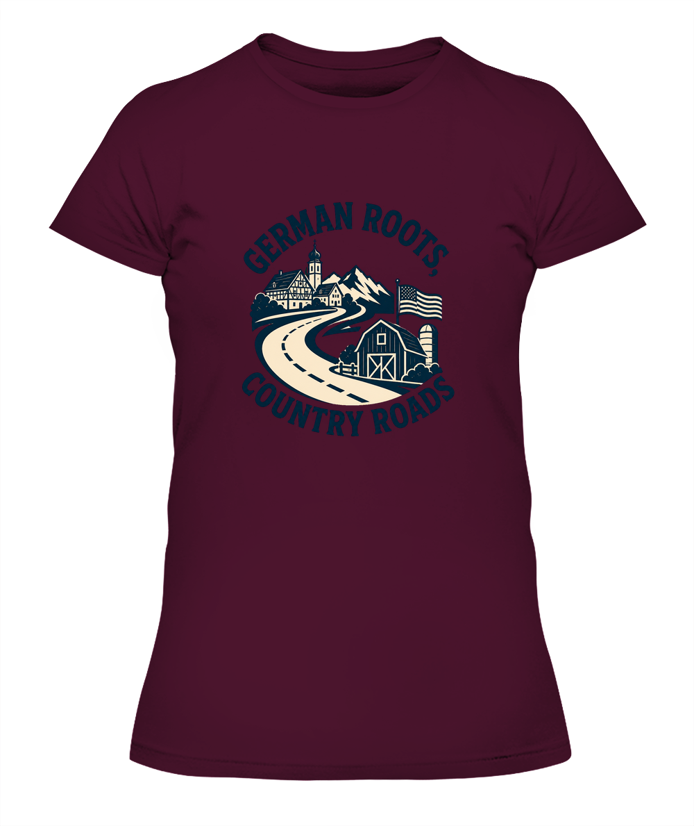 German Roots, Country Roads — Lady's T-Shirt in Maroon