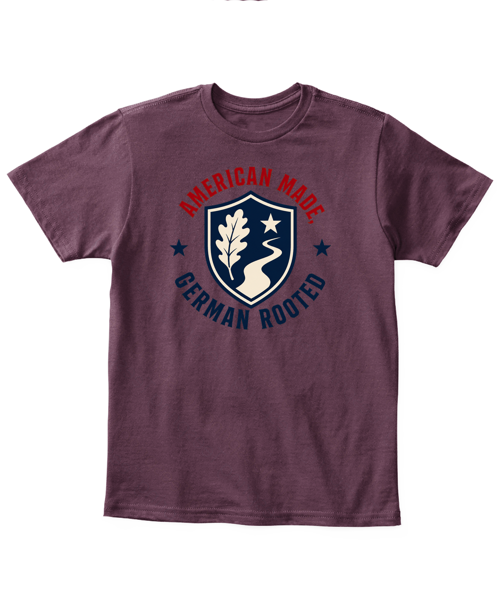 American Made, German Rooted — Kid's T Shirt in Maroon