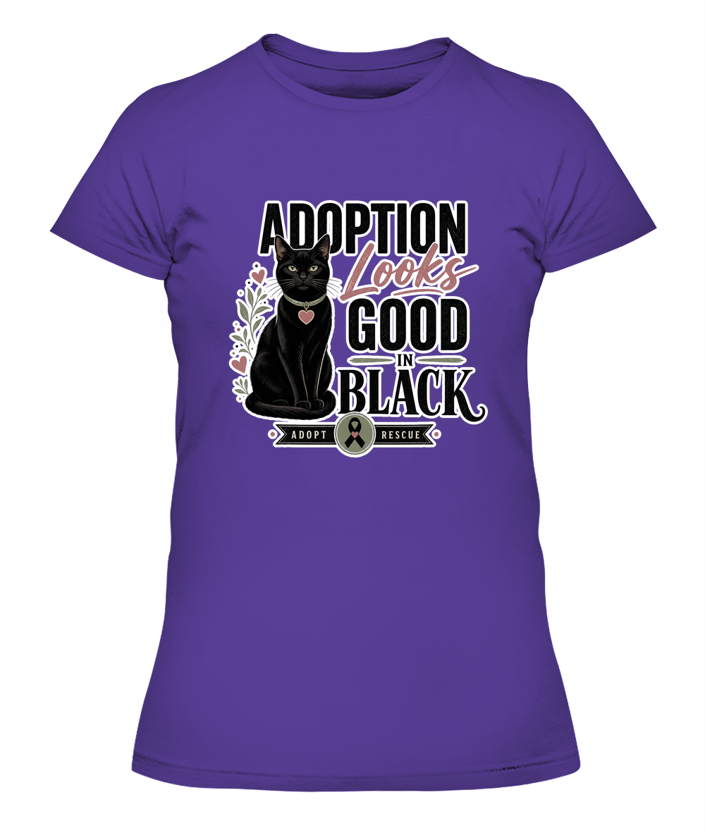 Adoption Looks Good in Black Ladies T-Shirt | Black Cat Lover Gift
