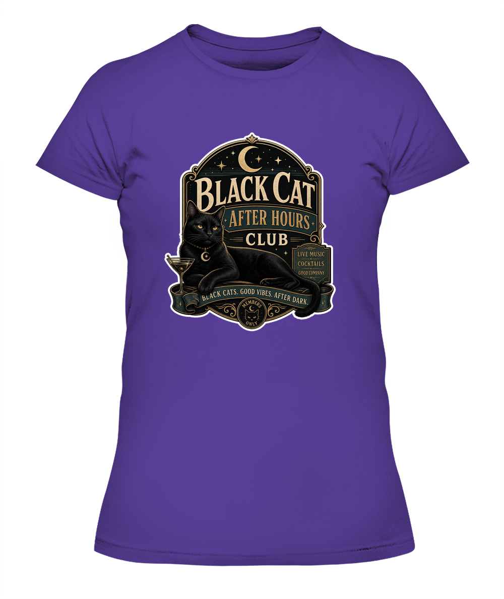 Black Cat After Hours Club Ladies T-Shirt | Black Cat Lover Gift