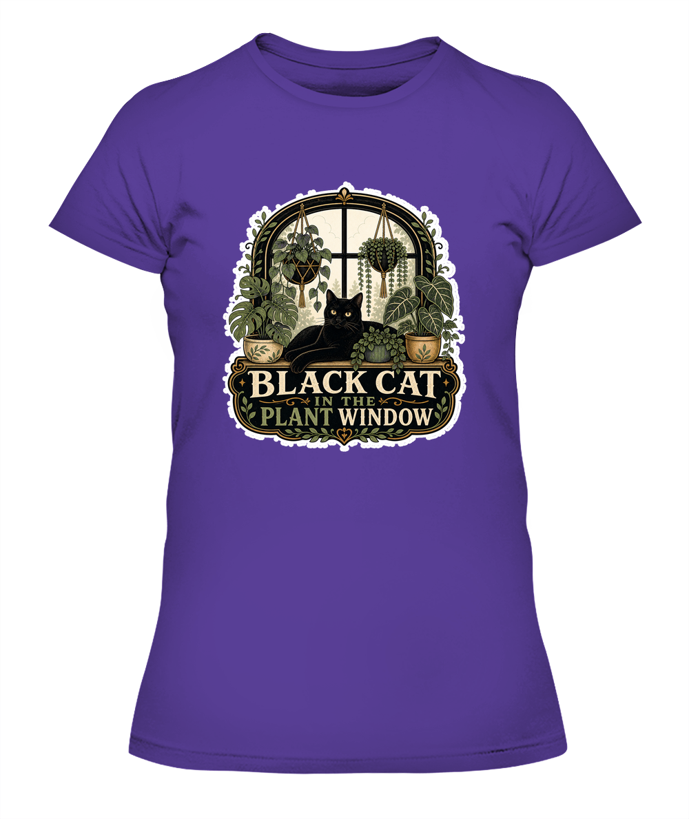 Black Cat in the Plant Window Ladies T-Shirt | Black Cat Lover Gift