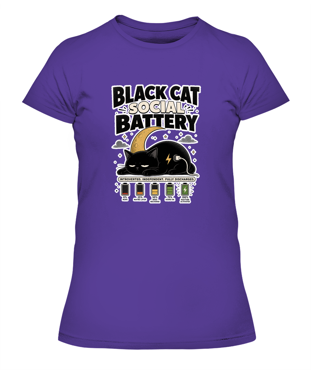 Black Cat Social Battery Ladies T-Shirt | Black Cat Lover Gift