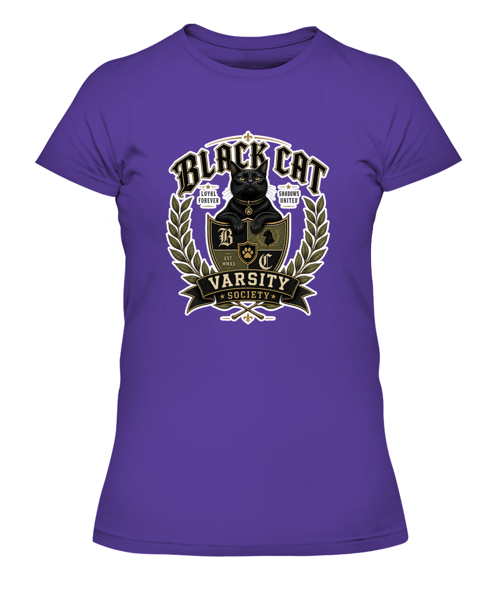 Black Cat Varsity Society Ladies T-Shirt | Black Cat Lover Gift