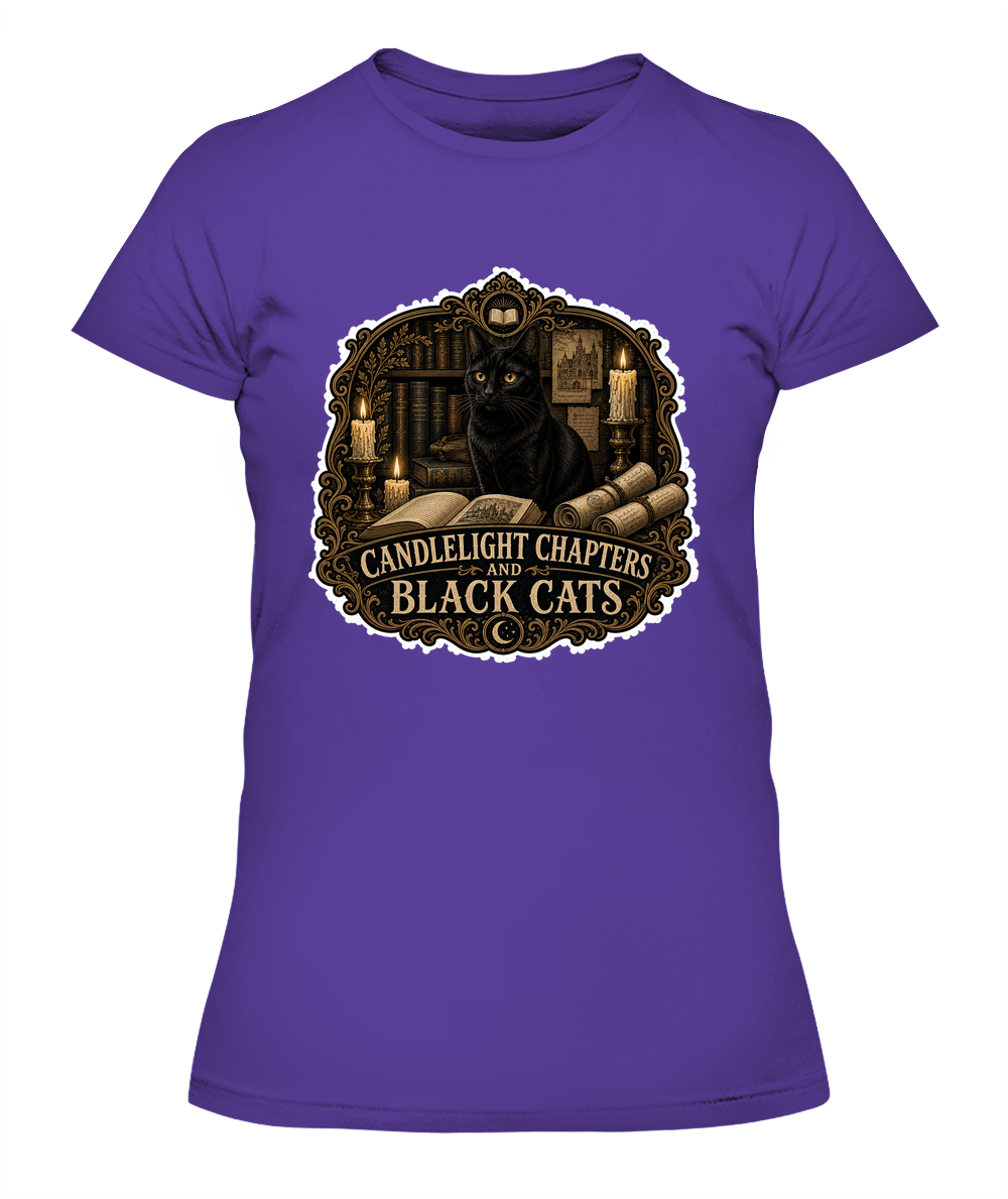 Candlelight Chapters and Black Cats Ladies T-Shirt | Black Cat Lover Gift