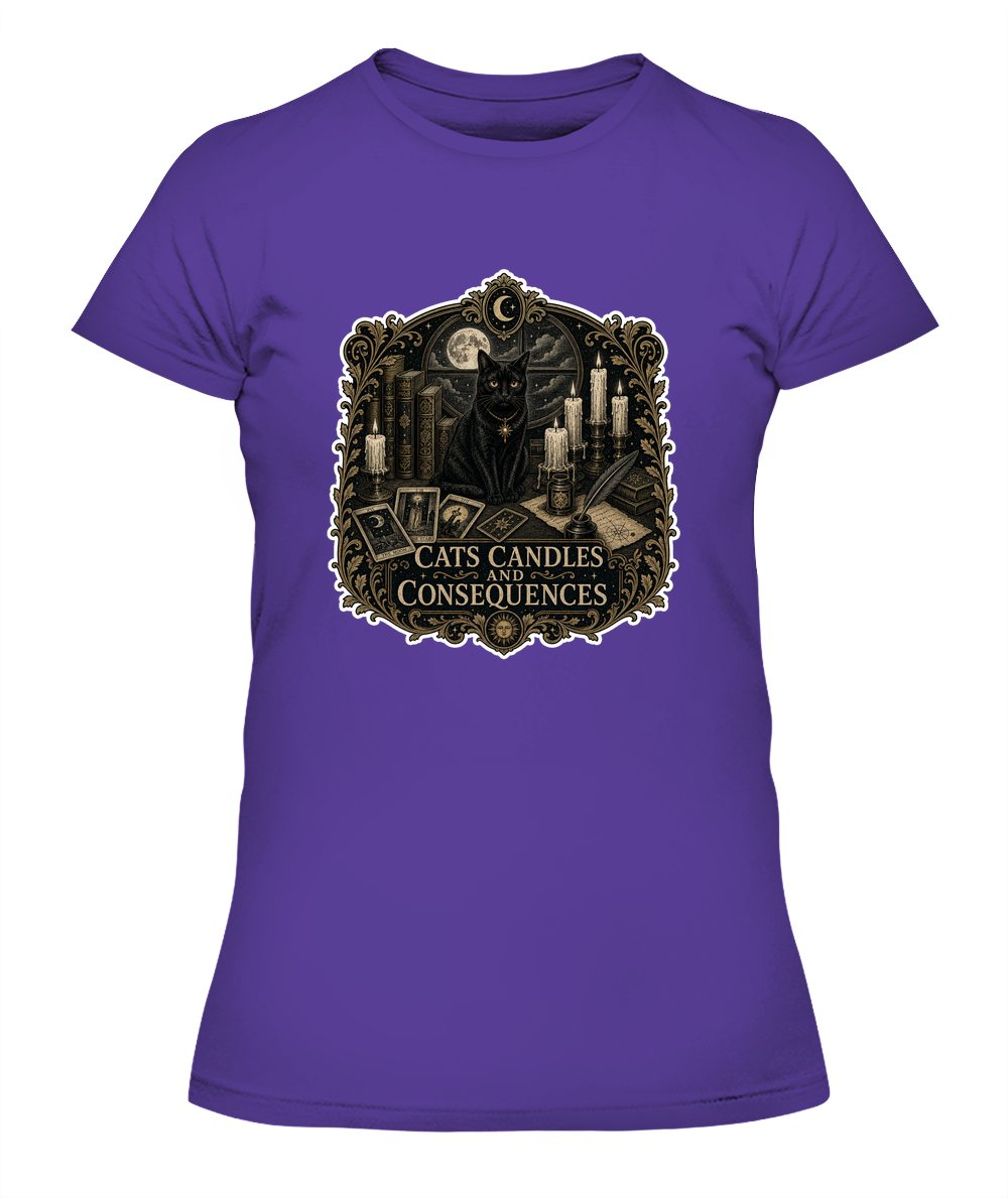 Cats Candles and Consequences Ladies T-Shirt | Black Cat Lover Gift