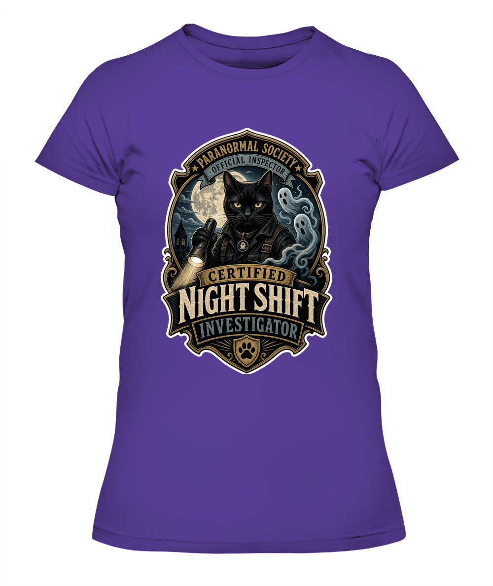 Certified Night Shift Investigator Ladies T-Shirt | Black Cat Lover Gift