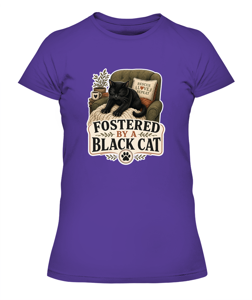 Fostered by a Black Cat Ladies T-Shirt | Black Cat Lover Gift