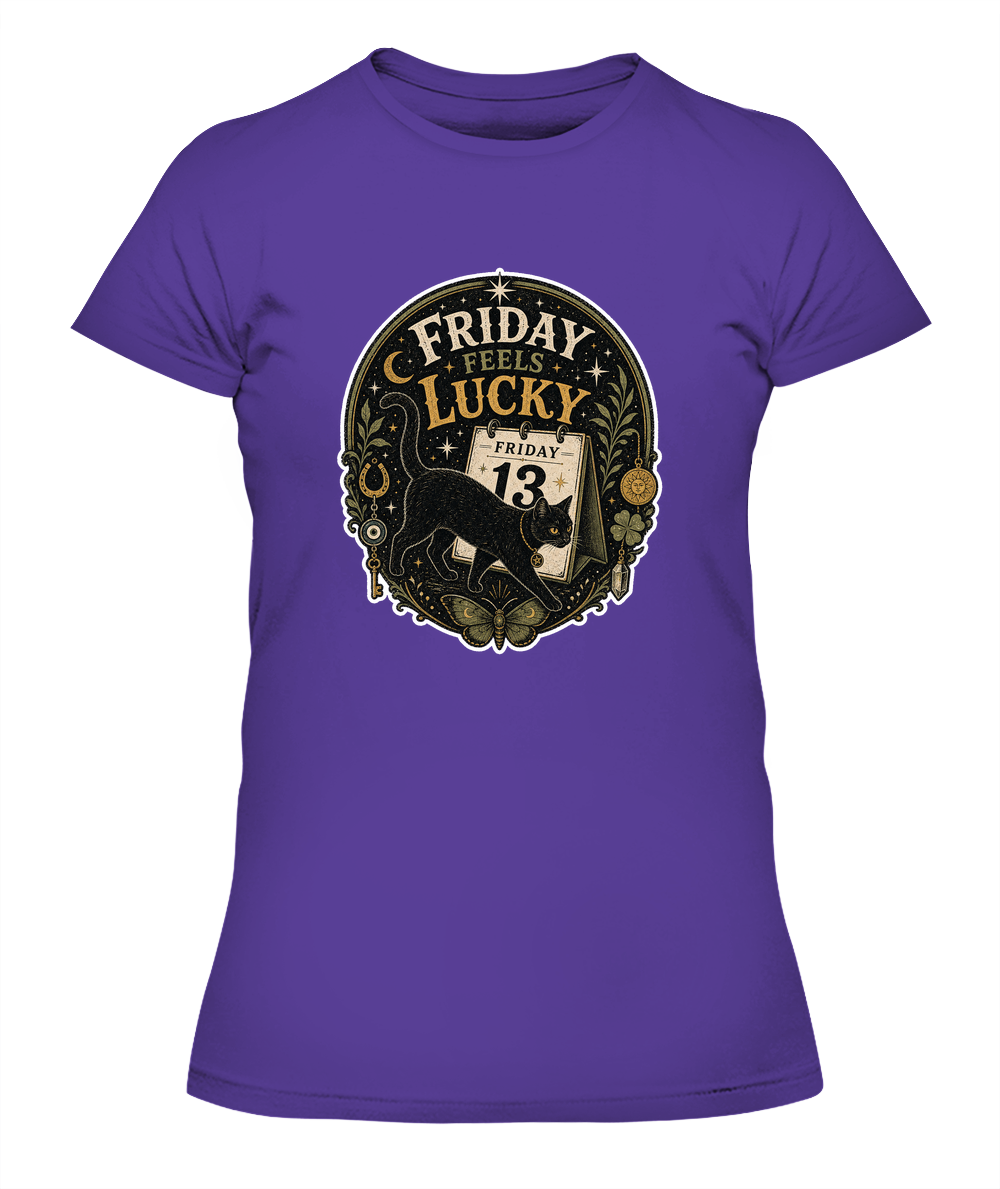 Friday Feels Lucky Ladies T-Shirt | Black Cat Lover Gift