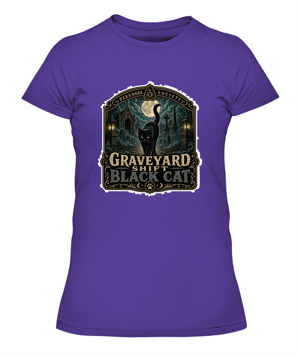 Graveyard Shift Black Cat Ladies T-Shirt | Black Cat Lover Gift