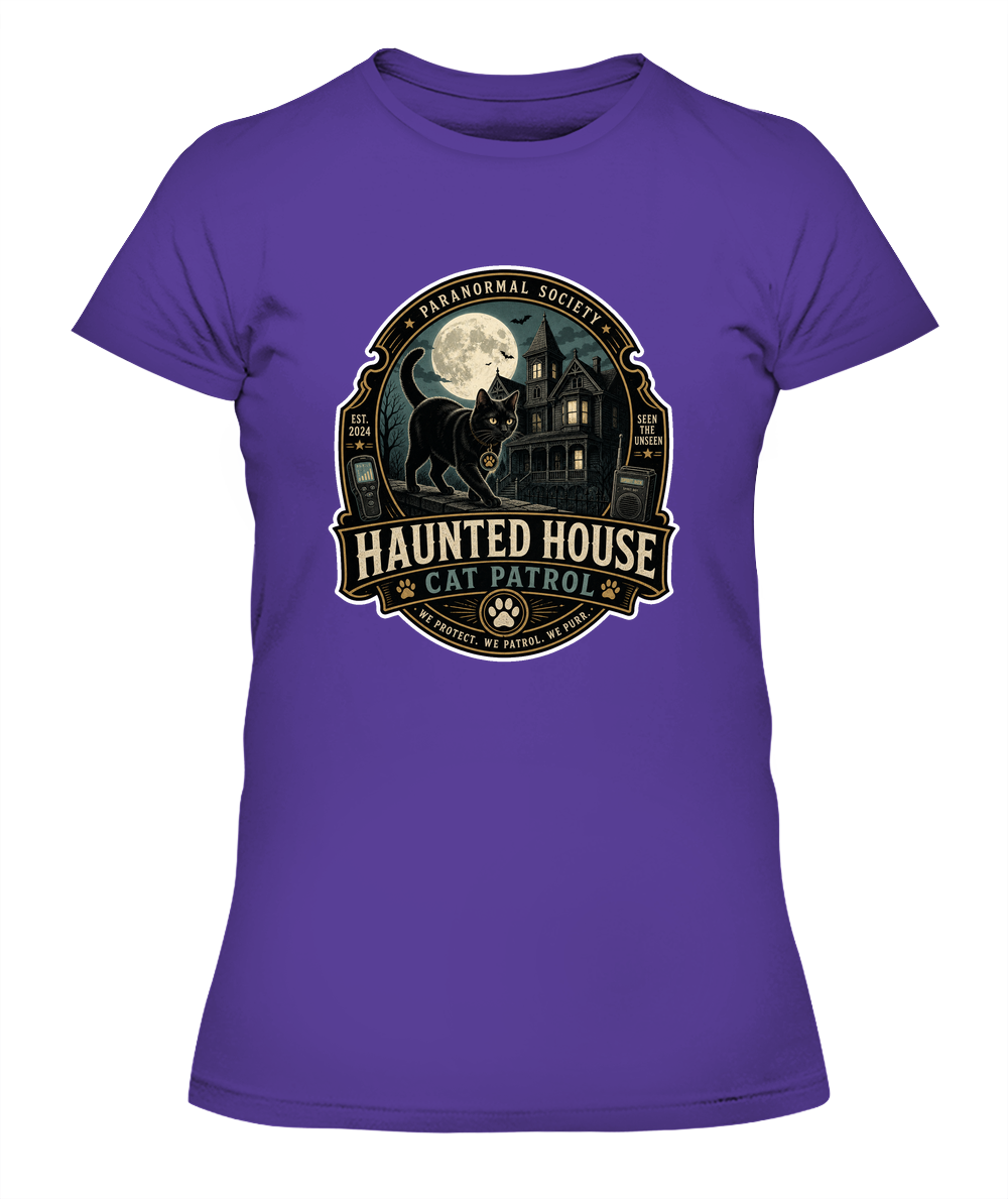 Haunted House Cat Patrol Ladies T-Shirt | Black Cat Lover Gift