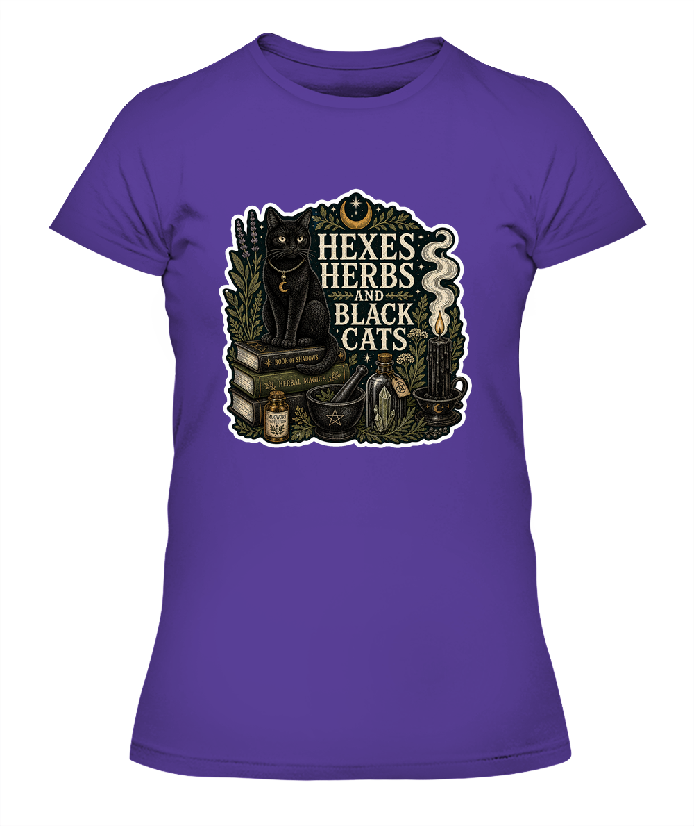 Hexes Herbs and Black Cats Ladies T-Shirt | Black Cat Lover Gift