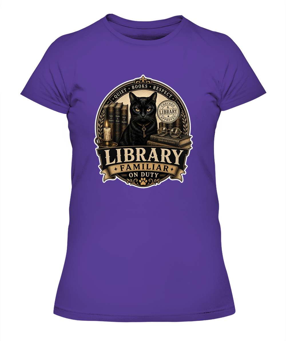 Library Familiar on Duty Ladies T-Shirt | Black Cat Lover Gift