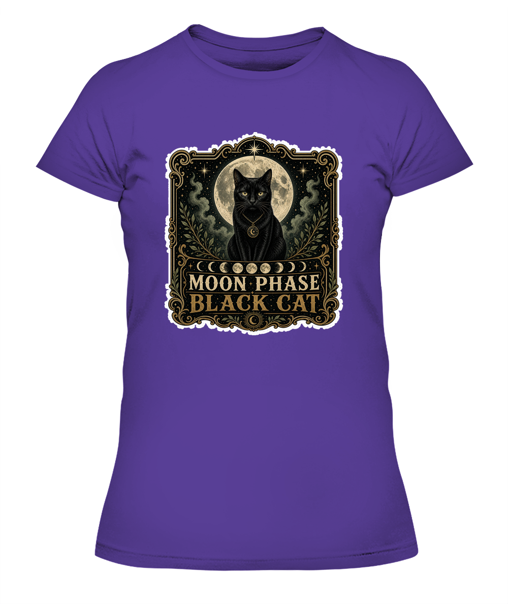 Moon Phase Black Cat Ladies T-Shirt | Black Cat Lover Gift