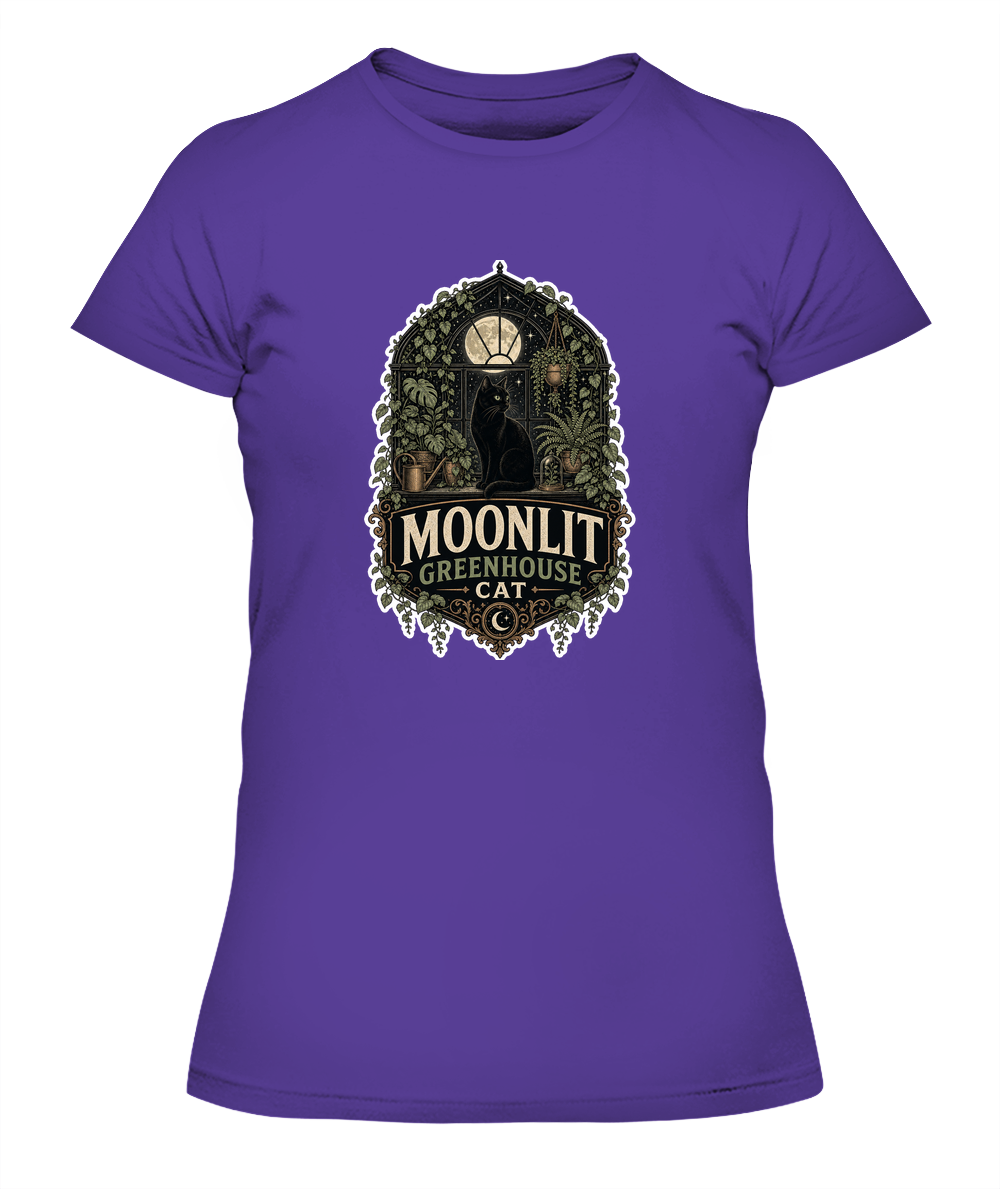 Moonlit Greenhouse Cat Ladies T-Shirt | Black Cat Lover Gift