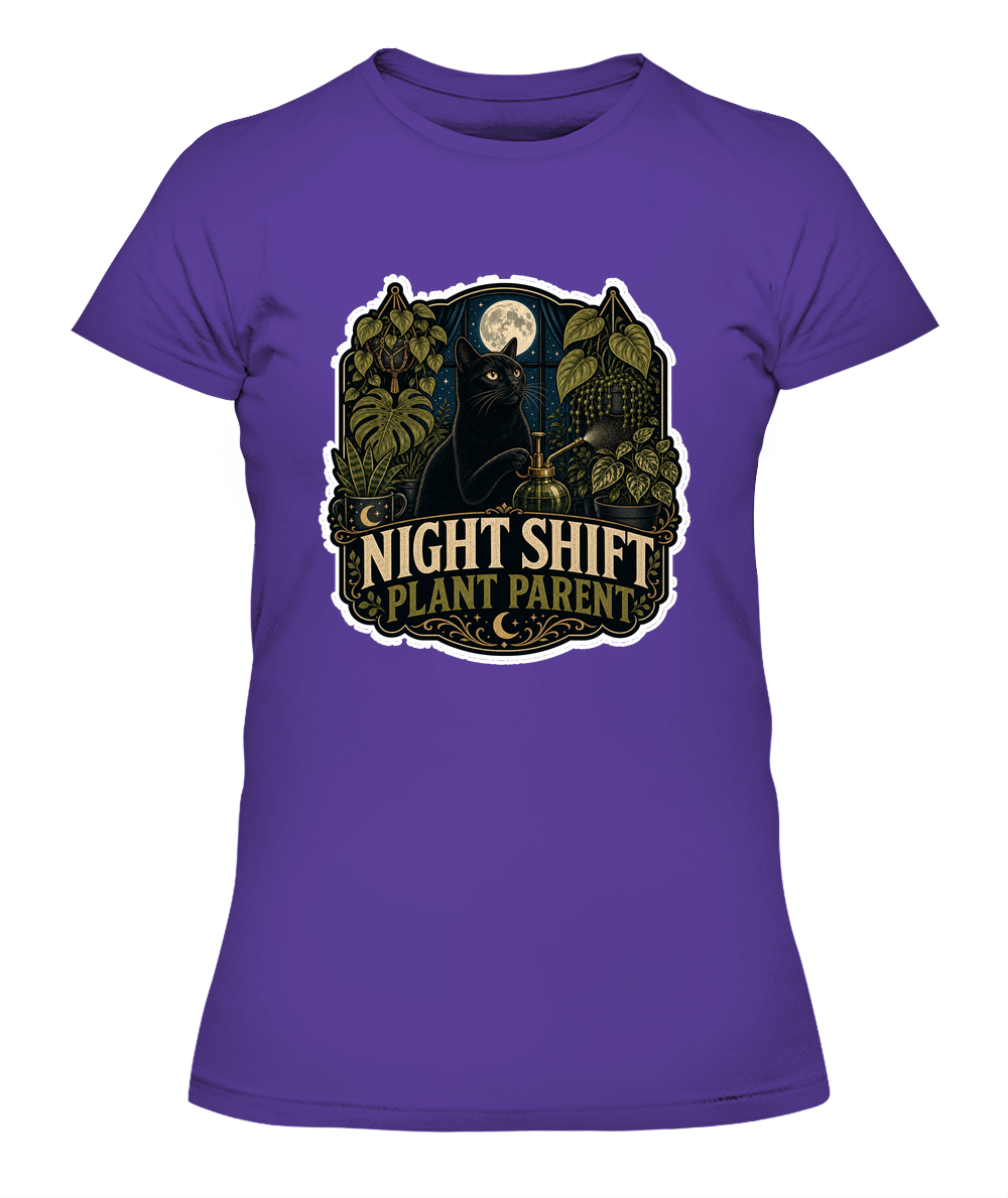 Night Shift Plant Parent Ladies T-Shirt | Black Cat Lover Gift