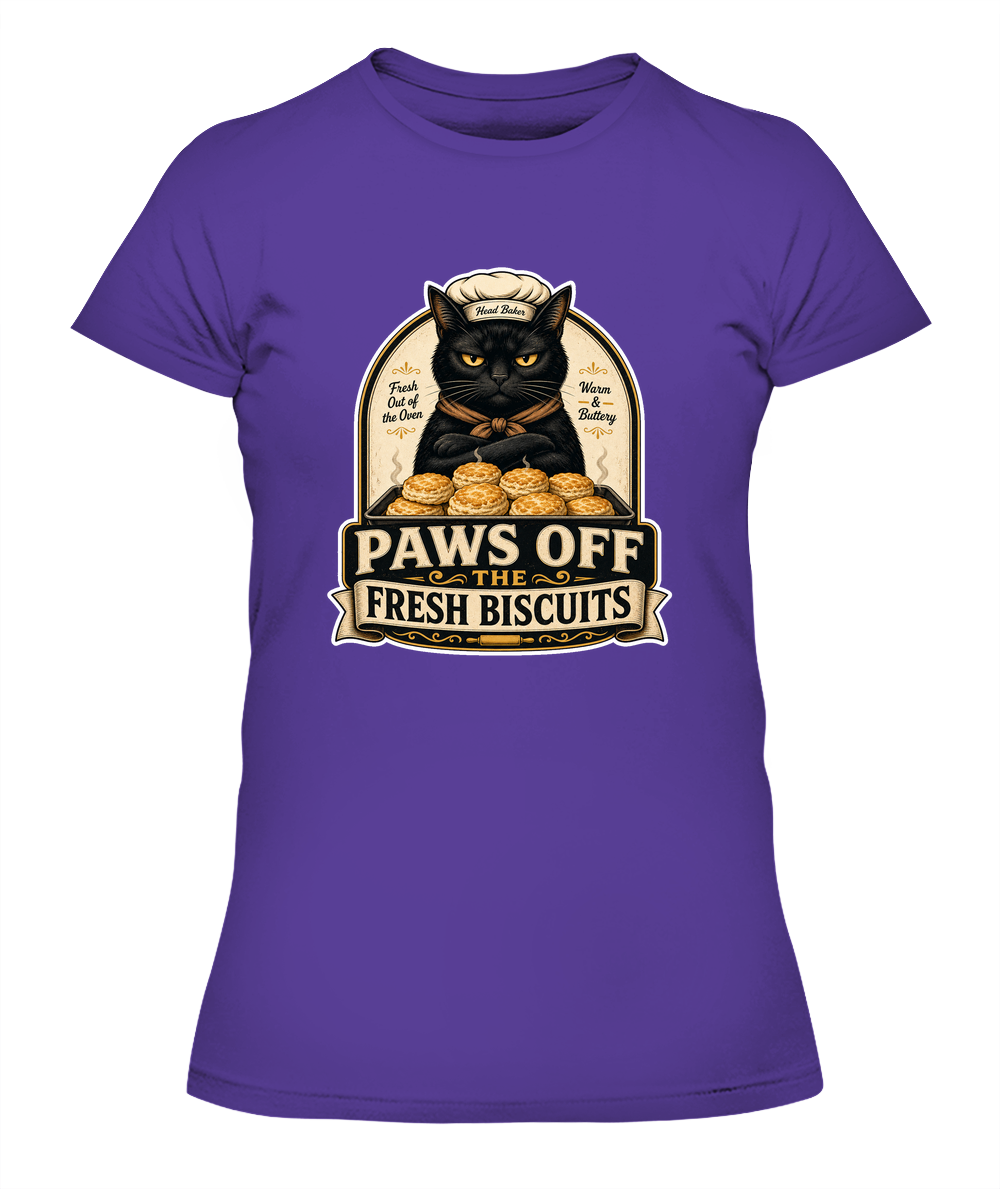 Paws Off the Fresh Biscuits Ladies T-Shirt | Black Cat Lover Gift