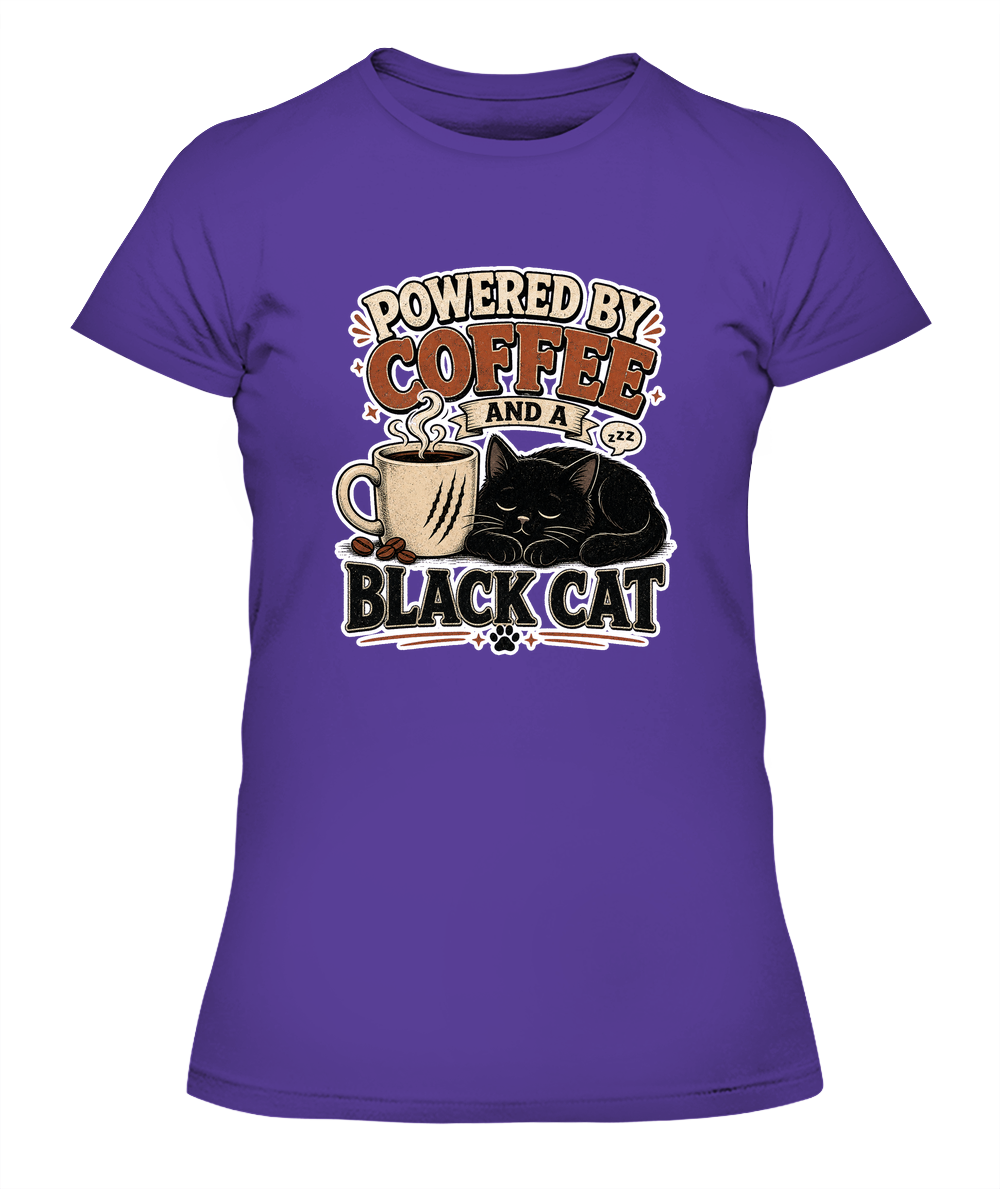 Powered by Coffee and a Black Cat Ladies T-Shirt | Black Cat Lover Gift
