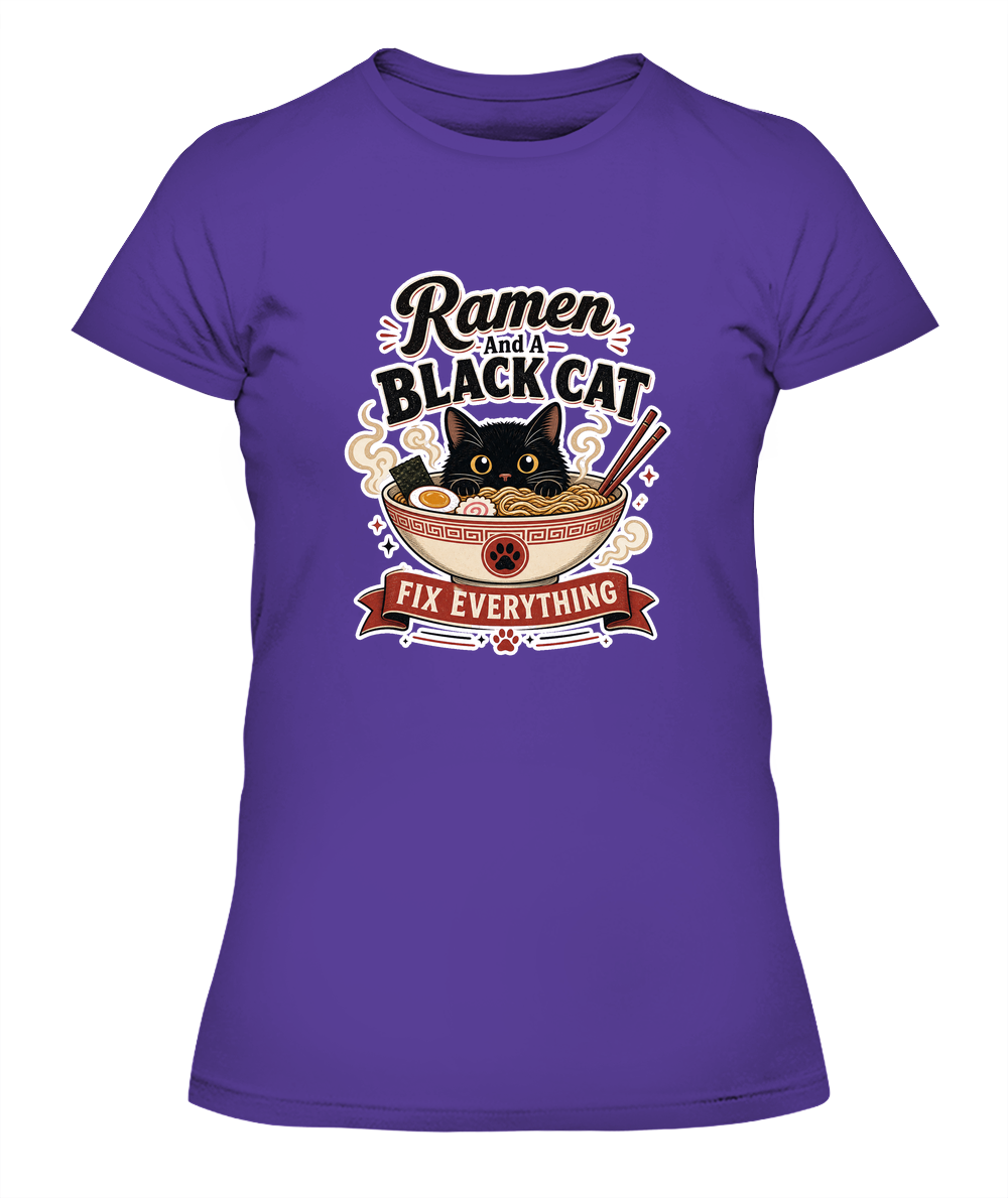 Ramen and a Black Cat Fix Everything Ladies T-Shirt | Black Cat Lover Gift