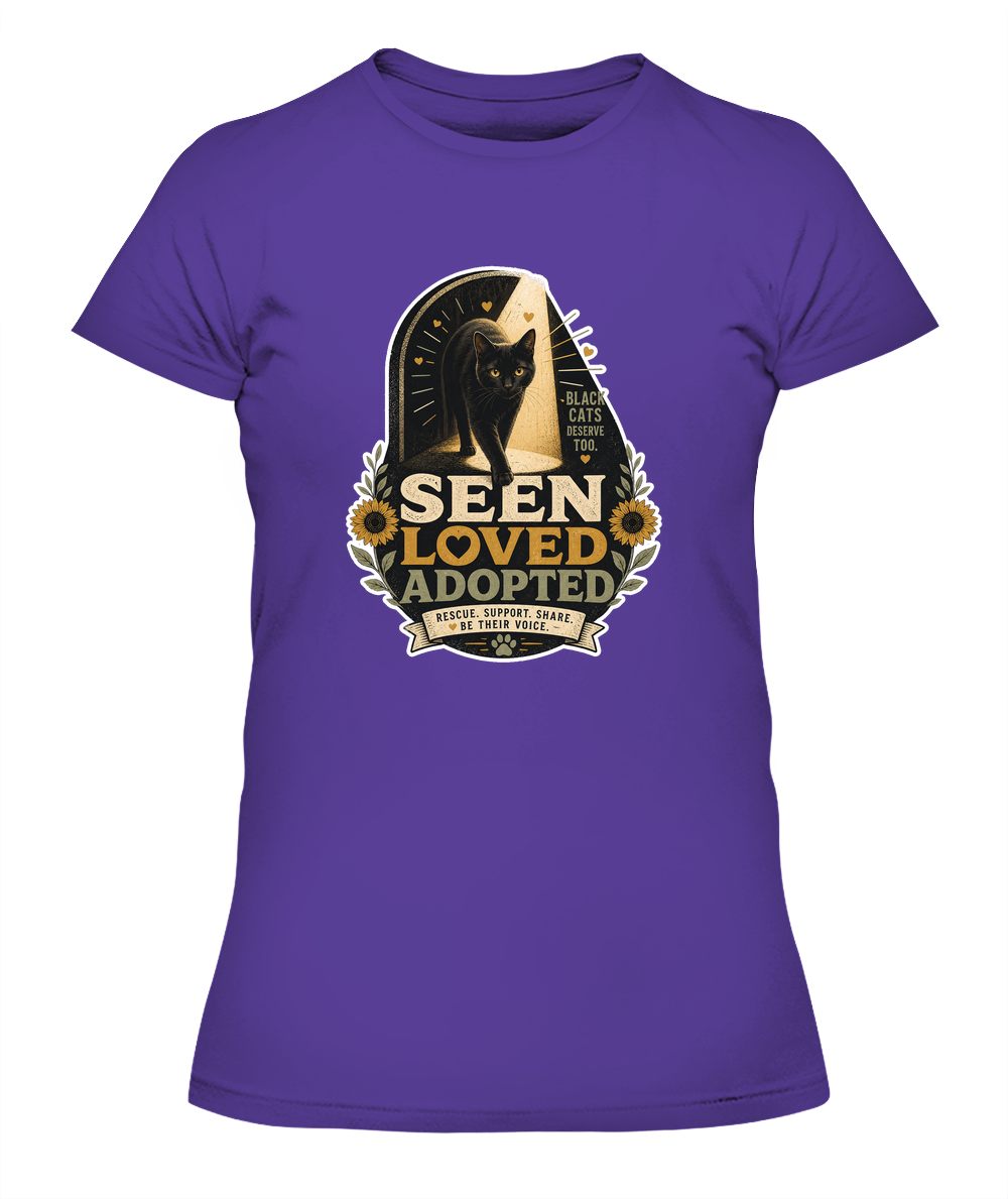 Seen Loved Adopted Ladies T-Shirt | Black Cat Lover Gift