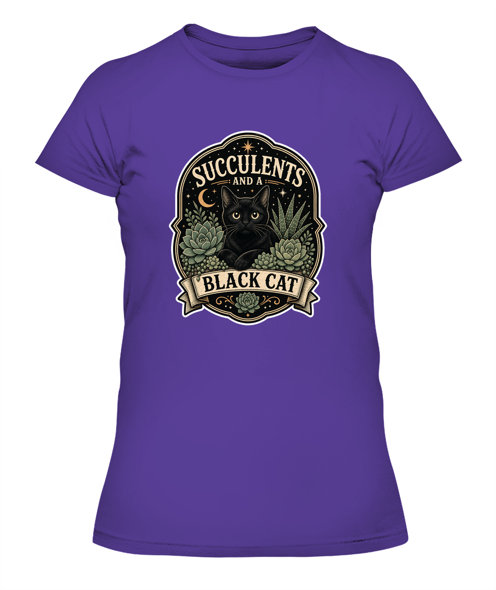 Succulents and a Black Cat Ladies T-Shirt | Black Cat Lover Gift