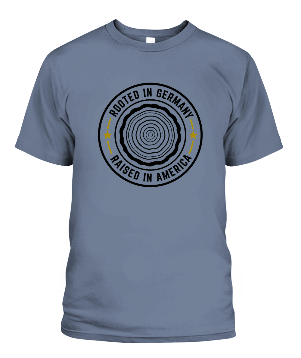 Rooted In Germany, Raised In America — T-Shirt in Blue Jean