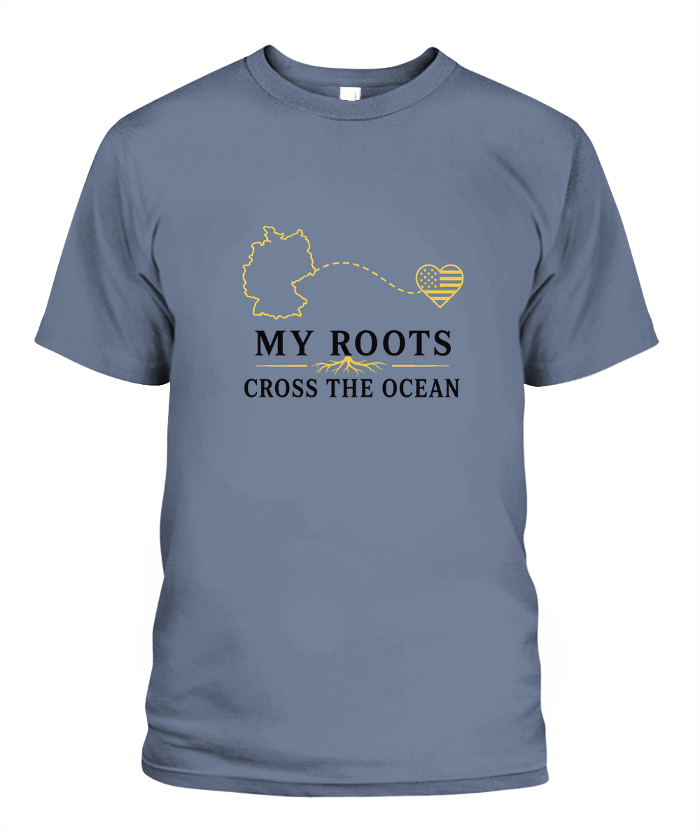 My Roots Cross The Ocean — T-Shirt in Blue Jean