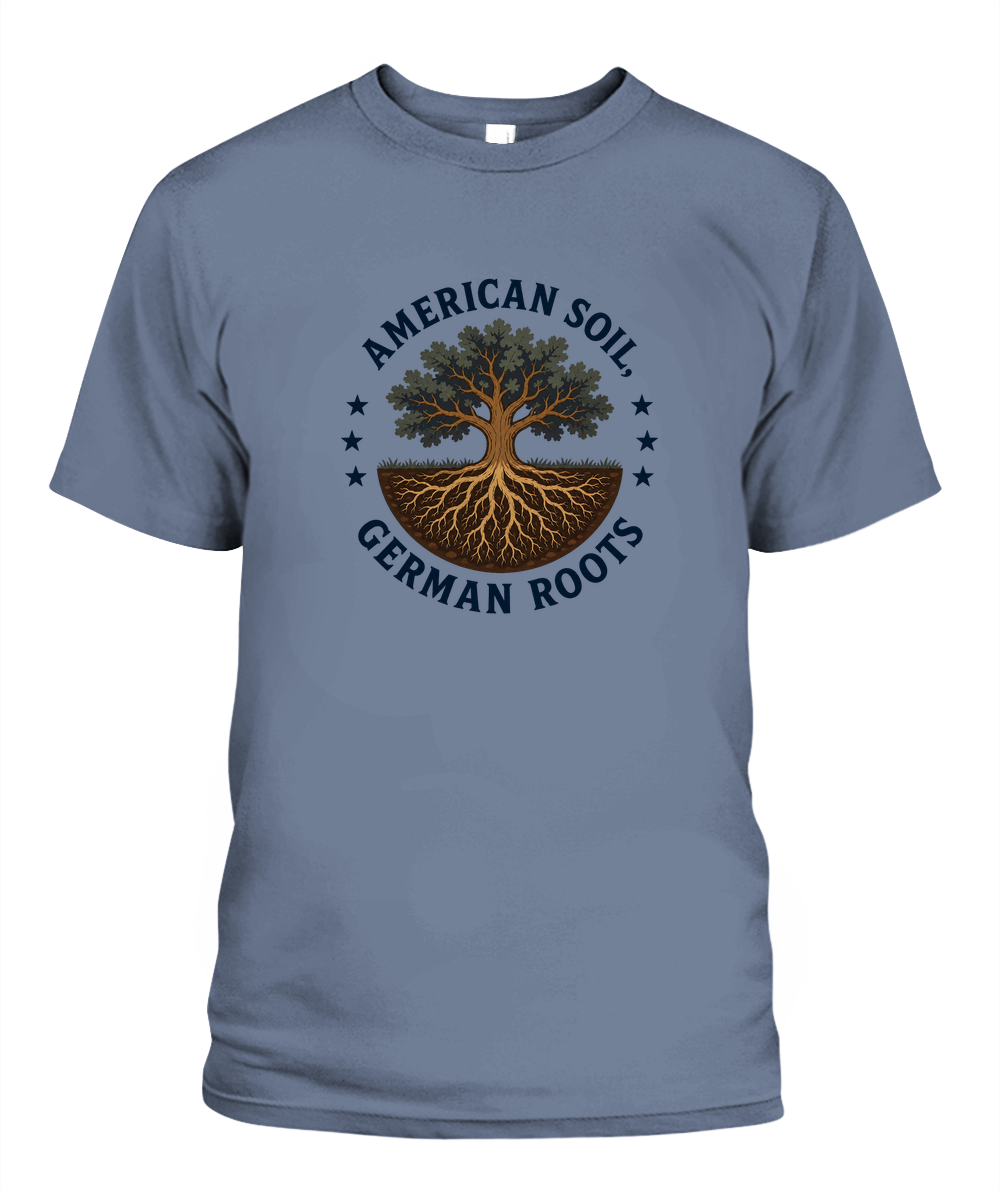 American Soil, German Roots — T-Shirt in Blue Jean