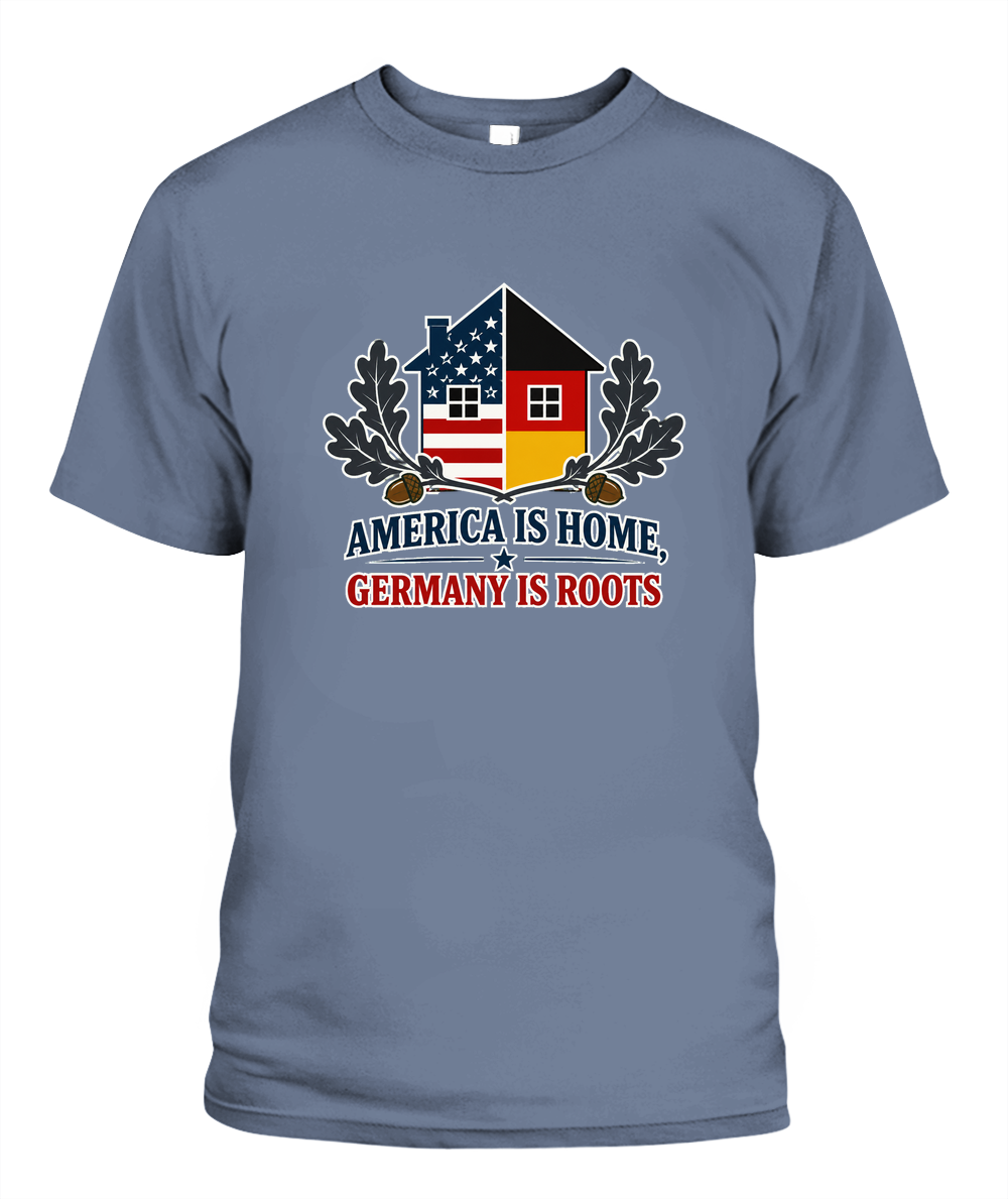 America Is Home, Germany Is Roots — T-Shirt in Blue Jean