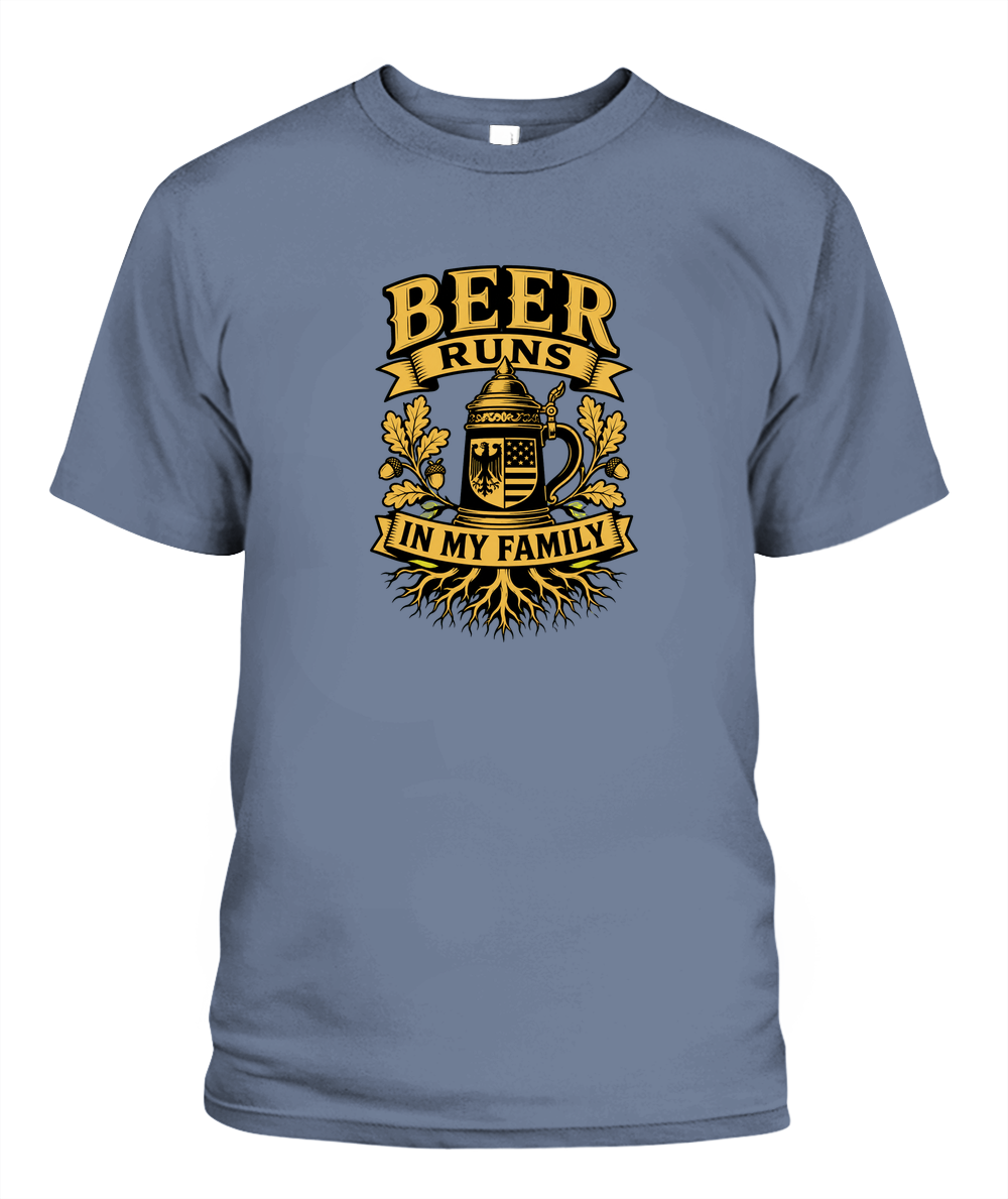 Beer Runs In My Family — T-Shirt in Blue Jean