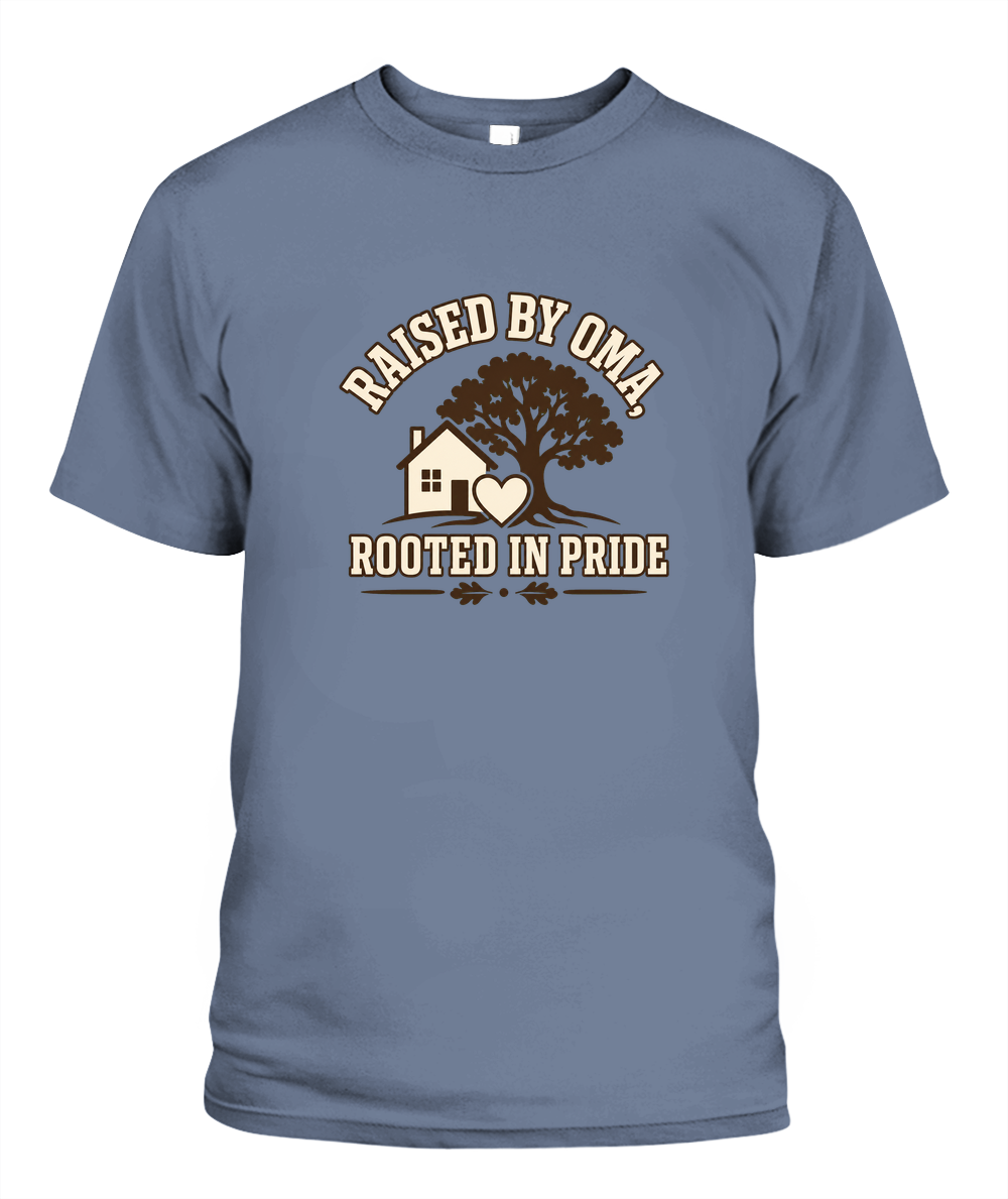 Raised By Oma, Rooted In Pride — T-Shirt in Blue Jean