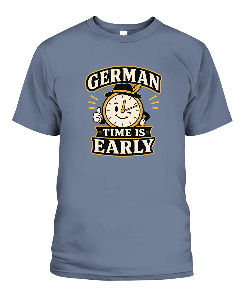 German Time Is Early — T-Shirt in Blue Jean