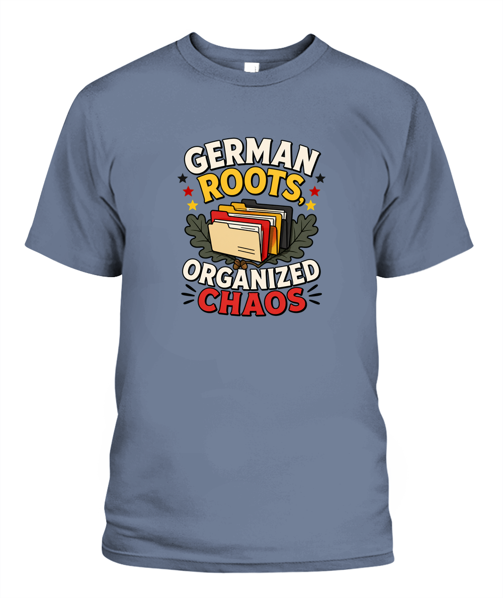 German Roots, Organized Chaos — T-Shirt in Blue Jean