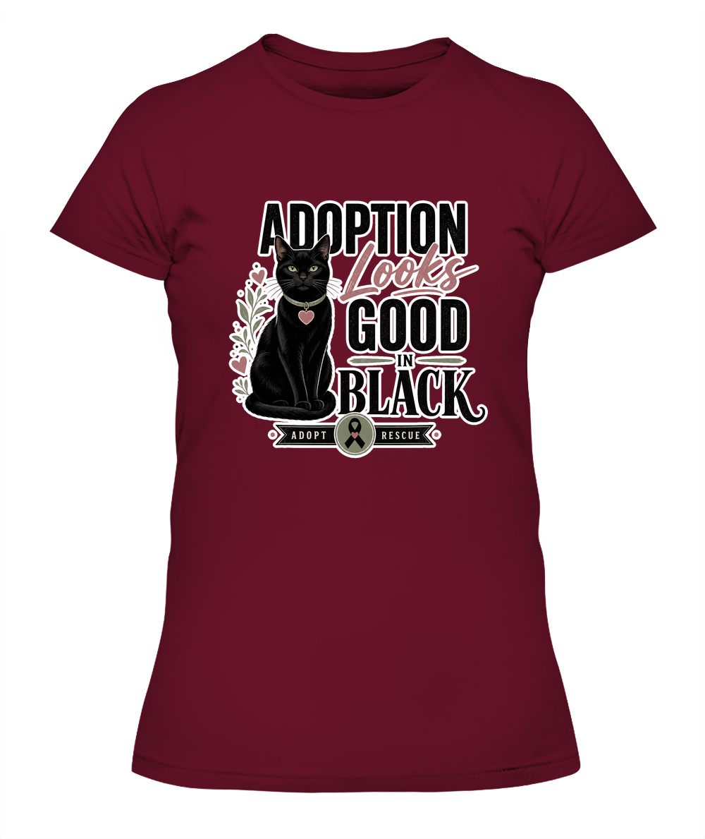 Adoption Looks Good in Black Ladies T-Shirt | Black Cat Lover Gift