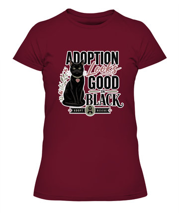Adoption Looks Good in Black Ladies T-Shirt | Black Cat Lover Gift