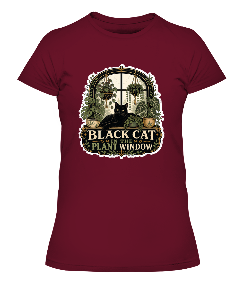 Black Cat in the Plant Window Ladies T-Shirt | Black Cat Lover Gift