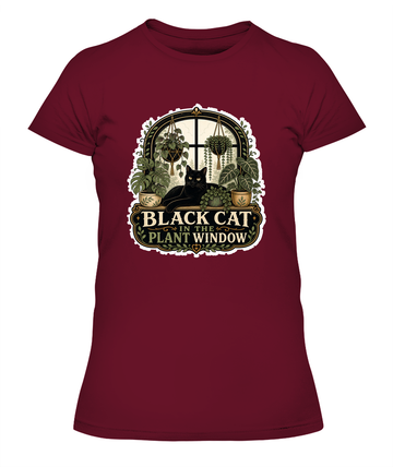 Black Cat in the Plant Window Ladies T-Shirt | Black Cat Lover Gift